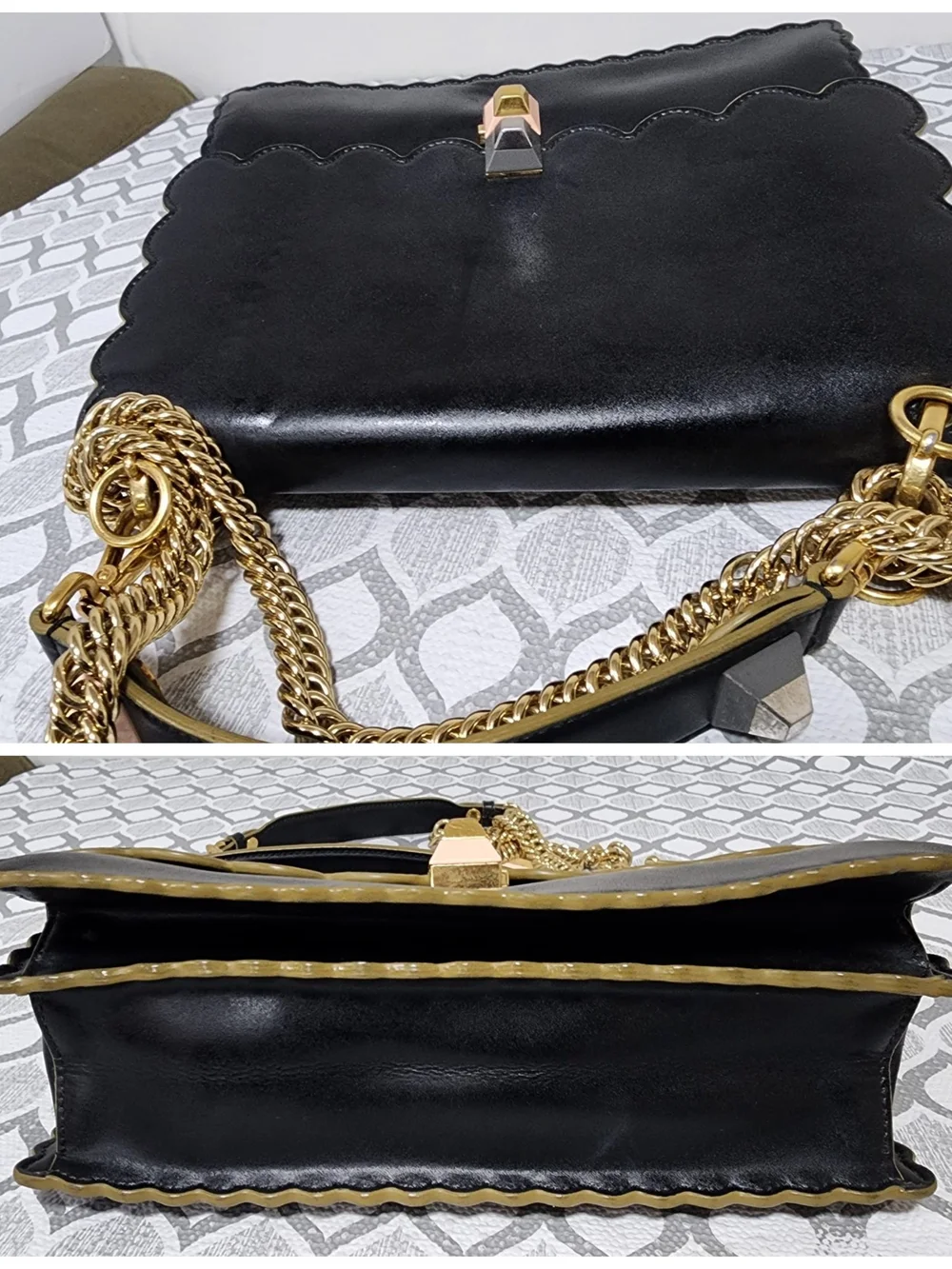 FENDI Vitello Liberty Scalloped Studded Kan I Shoulder Bag Black